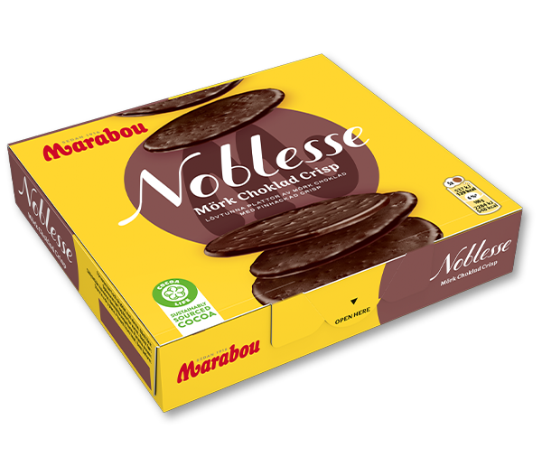 A box of Marabou Noblesse dark chocolate treats with a yellow and brown color scheme, featuring images of the chocolate product.
