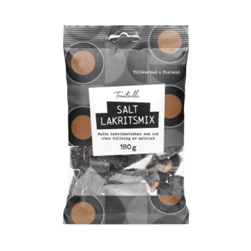Packaged salted licorice mix with a black and white label on a green background