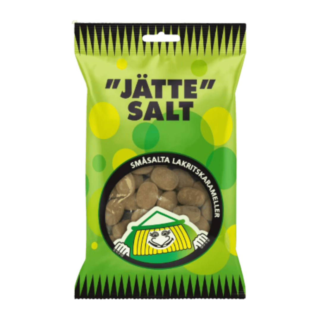 Green packaging of 'Jätte Salt' with a logo on a green background. Swedish Licorice Candy