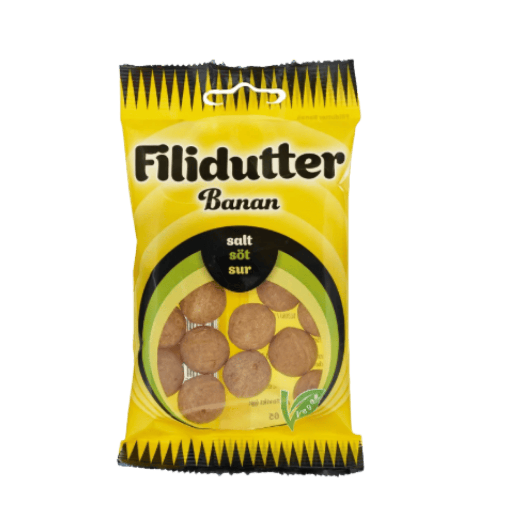 Yellow package of Filidutter Banan with a green background. Swedish Popular Candy