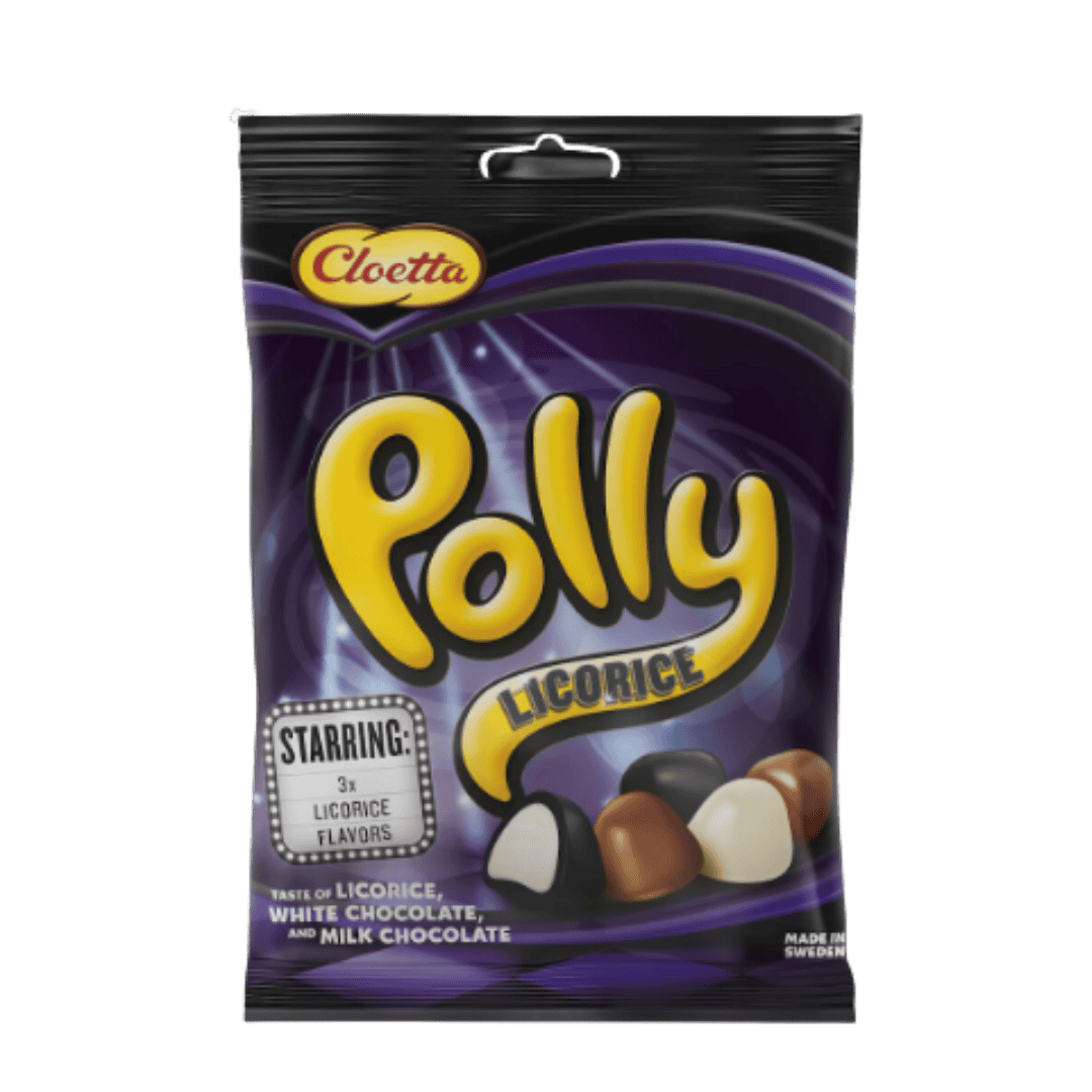 Pack of Cloetta Polly Licorice on a green background. Swedish Candy