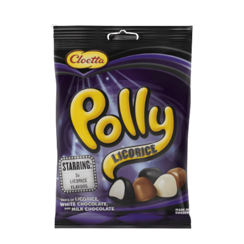 Pack of Cloetta Polly Licorice on a green background. Swedish Candy
