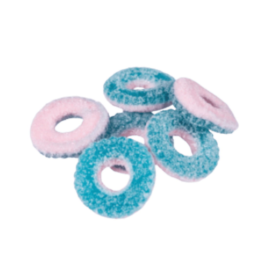 Blue and pink fuzzy donut-shaped objects on a transparent background