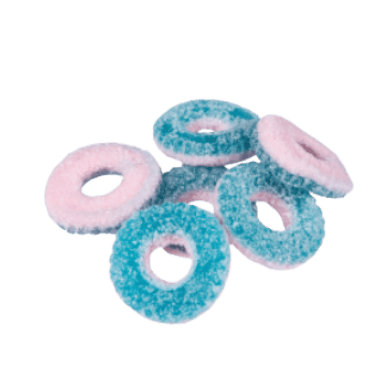Blue and pink fuzzy donut-shaped objects on a transparent background
