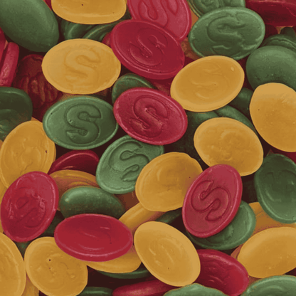 Colorful candy coins with 'S' logo in red, yellow, and green.