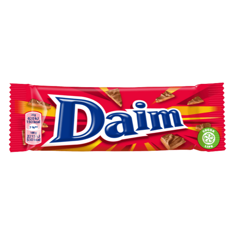 A wrapped Daim chocolate bar, displaying the brand name and the image of the chocolate pieces with nuts on the front. The Swedish Candy Chocolate Daim