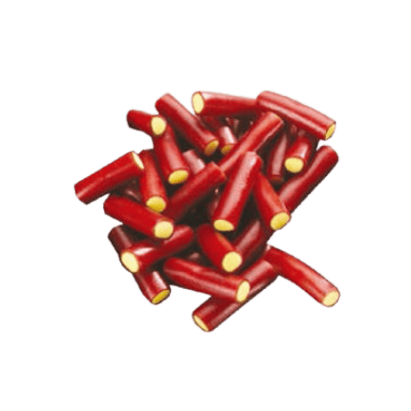 A heap of large, vibrant red rhubarb pieces candy.