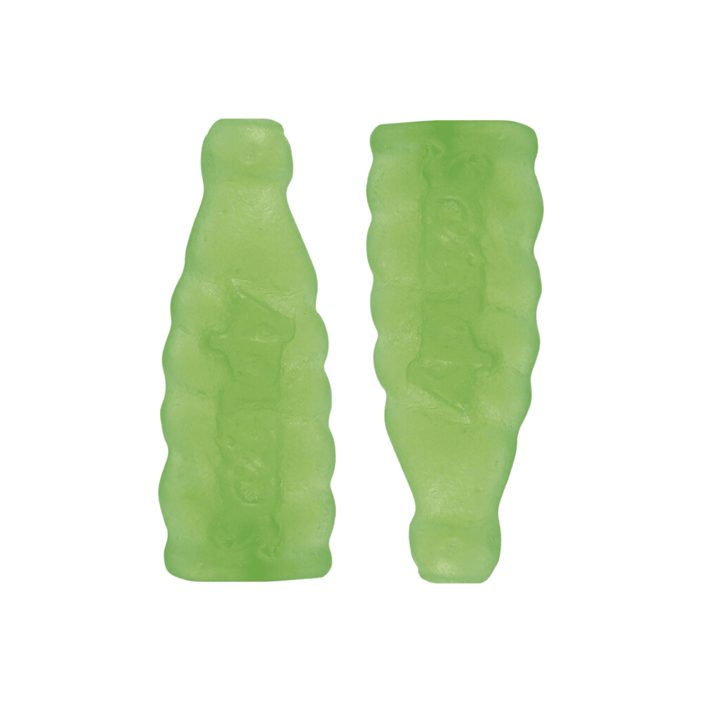 Two green gummy candies shaped like soda bottles.