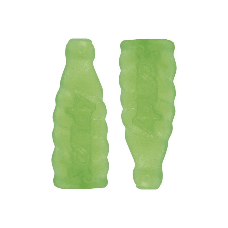 Two green gummy candies shaped like soda bottles.