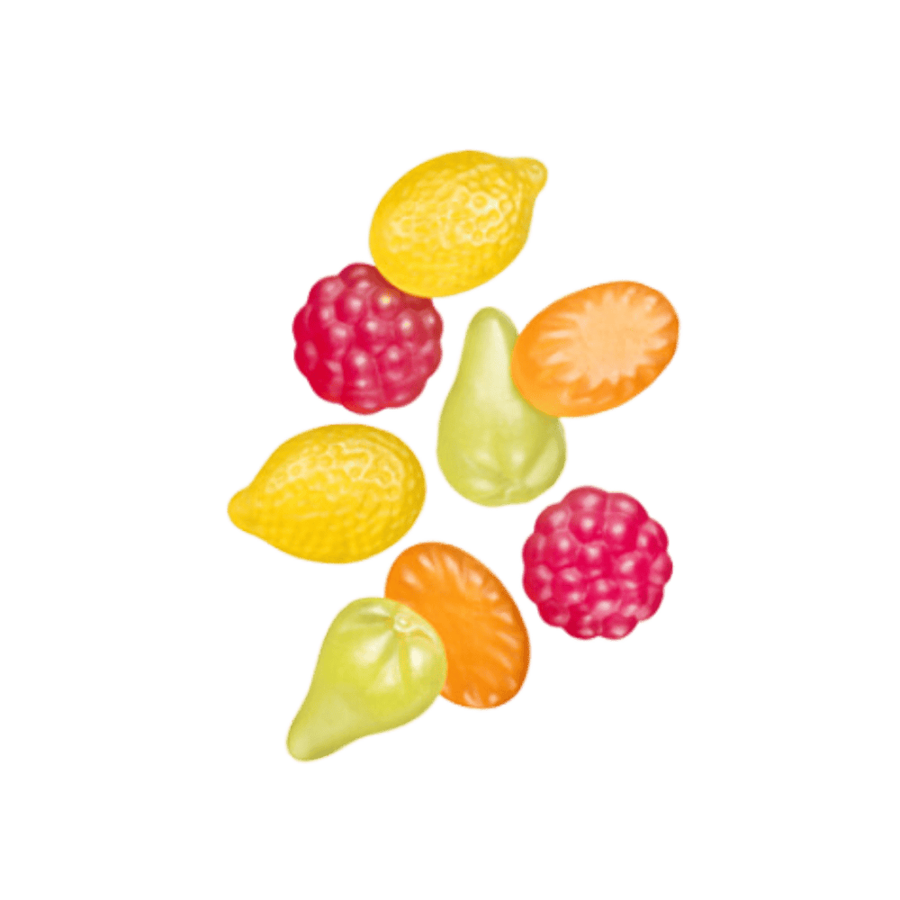 A variety of colorful chewy candy pieces, resembling fruits, with a glazing agent added.
