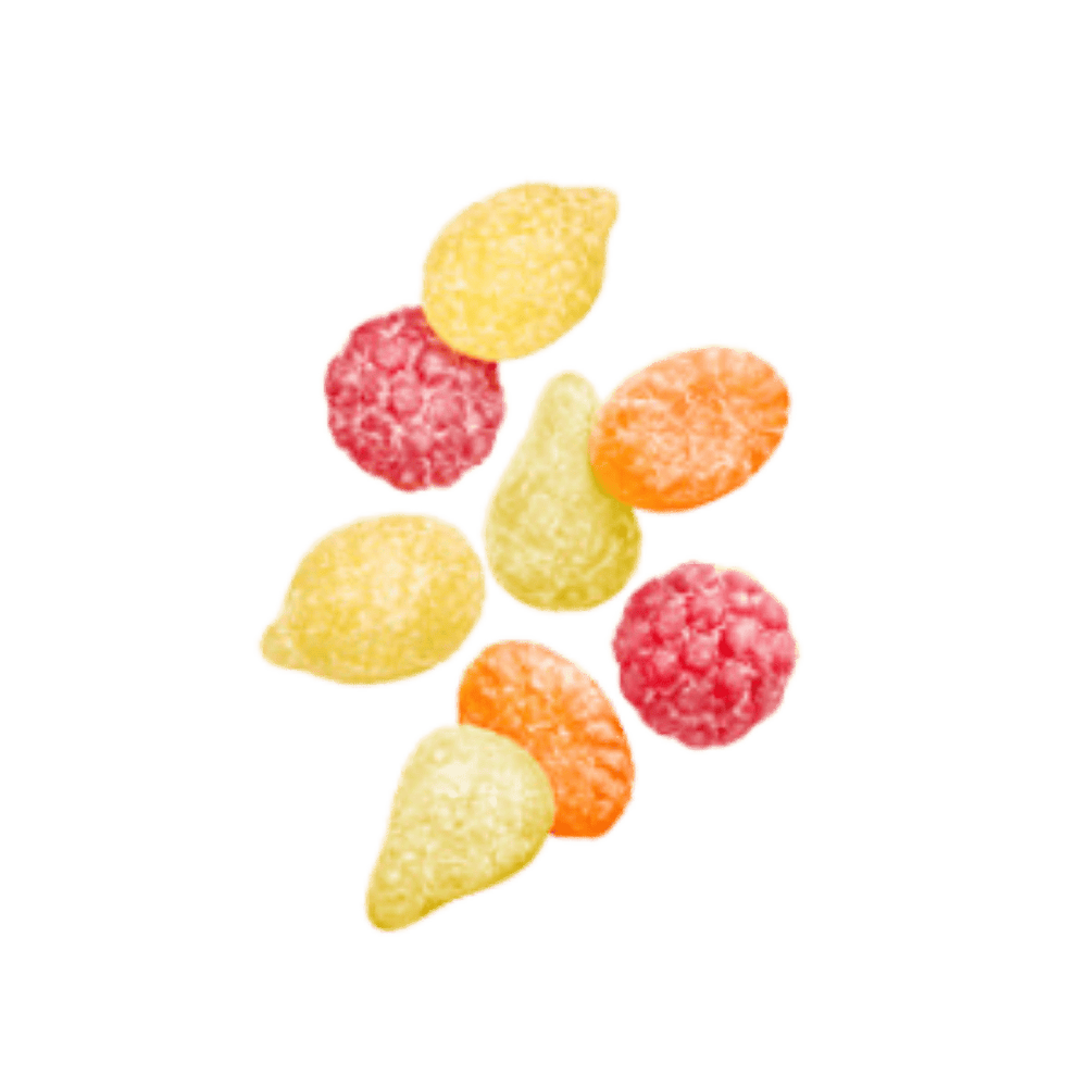 A cluster of colorful, sour-flavored Tutti Frutti candies in various shapes, including round and long ones, with a background that is solid and gradient-less.