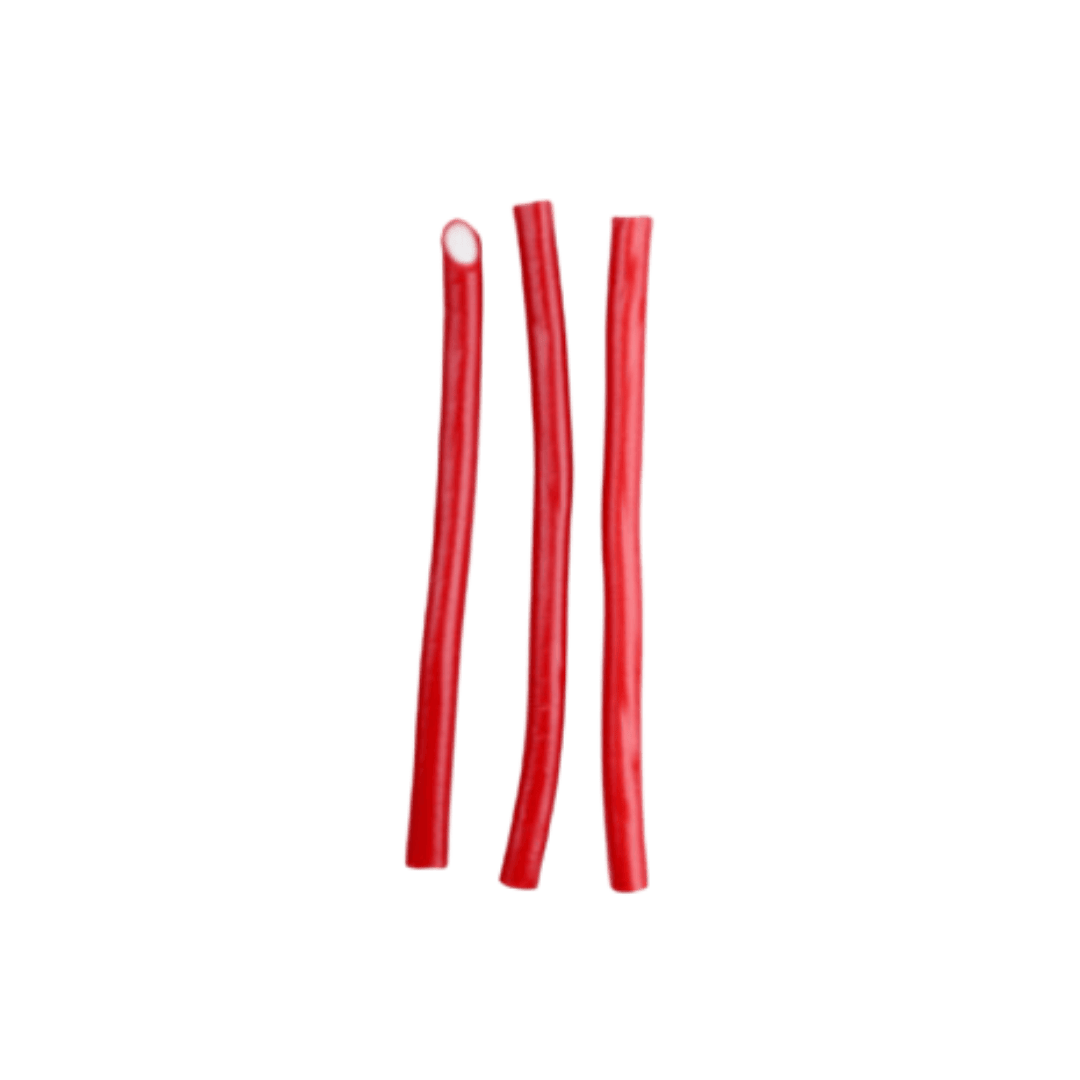 A group of long, red, strawberry-flavored gummy candies extending in a straight line against a plain background.