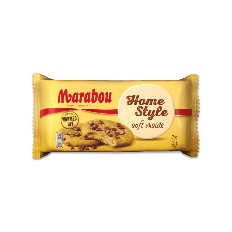 Packaging of Marabou Homestyle Cookies with a soft inside, featuring the brand's logo, product name, and an image of the cookies.