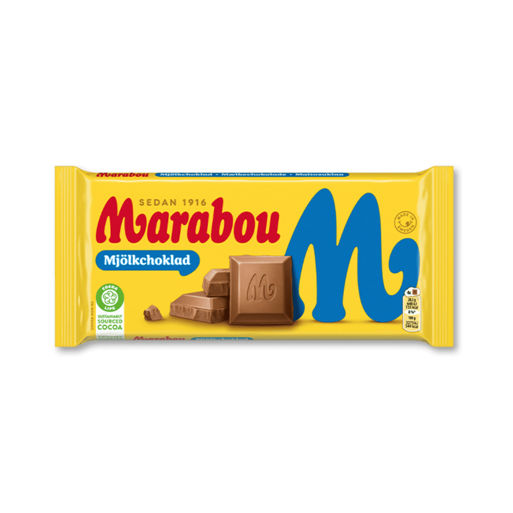 Packaging of Marabou Milk Chocolate 100g showing the brand name and a picture of the chocolate bar.