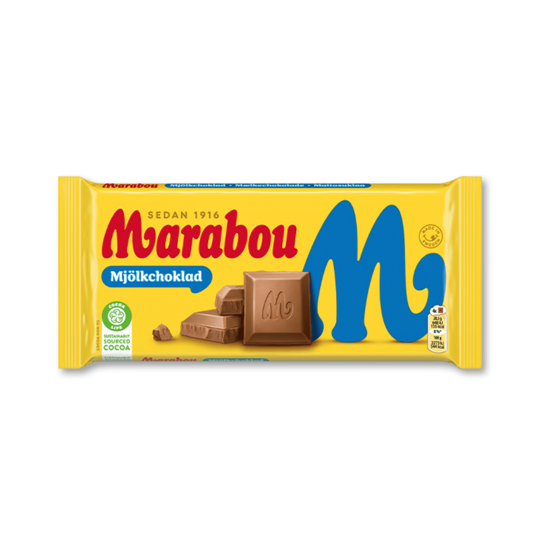 Packaging of Marabou Milk Chocolate 100g showing the brand name and a picture of the chocolate bar.
