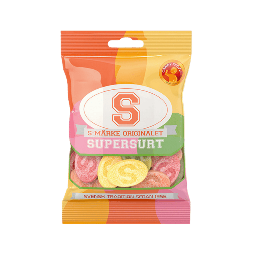 A package of S-brand Super Sour gummy candies with a mix of cherry, lemon, and lime flavors.