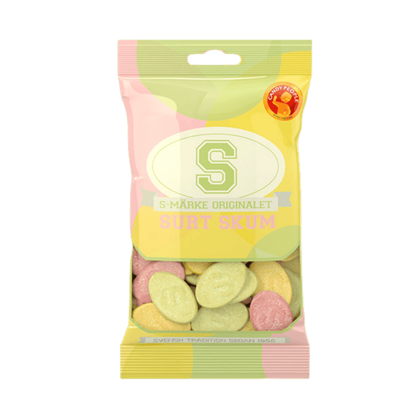 A package of S-brand Sour Foam Candy showing the product name and apple-flavored gummy candies visible through the clear plastic packaging.
