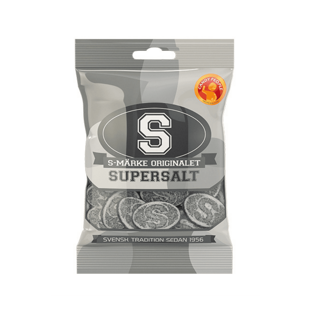 Picture of a bag with the Swedish Candy S-Märke Super salt that means super salty