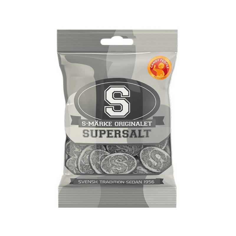 Picture of a bag with the Swedish Candy S-Märke Super salt that means super salty