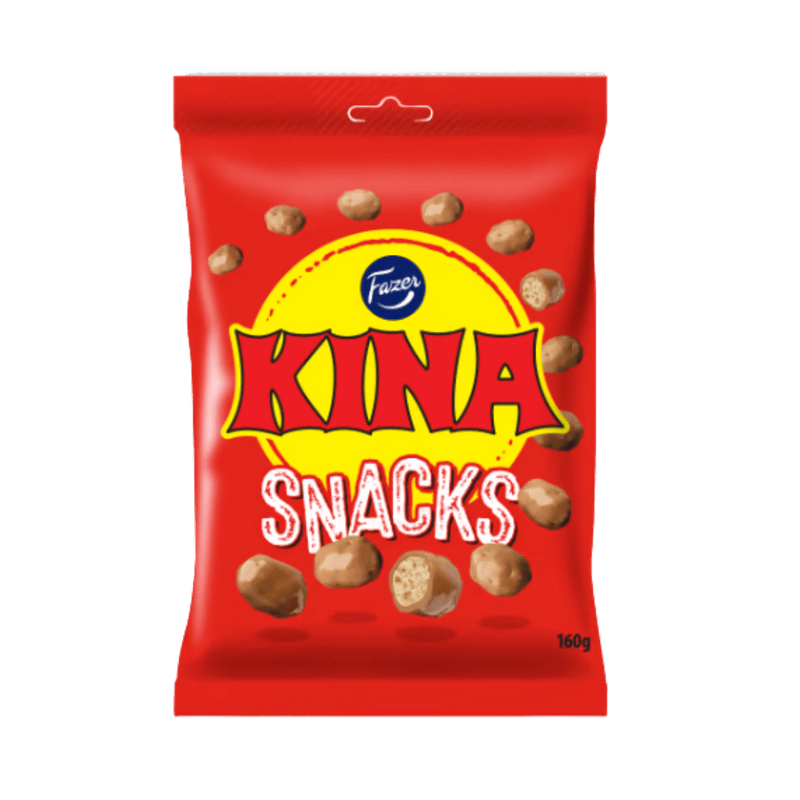 A red package of Swedish Kina snacks showing the product name and images of the chocolate covered snacks