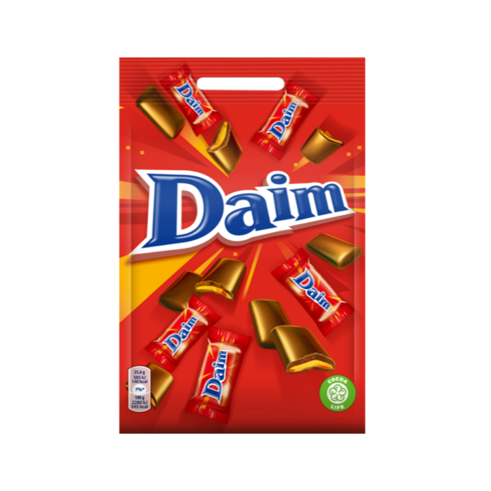 Packaging of Daim Mini 140 gram chocolate bar showing multiple individual wrapped bars with a red and gold design.