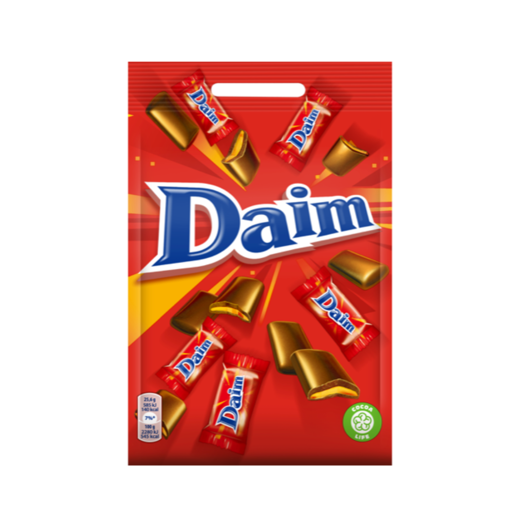 Packaging of Daim Mini 140 gram chocolate bar showing multiple individual wrapped bars with a red and gold design.