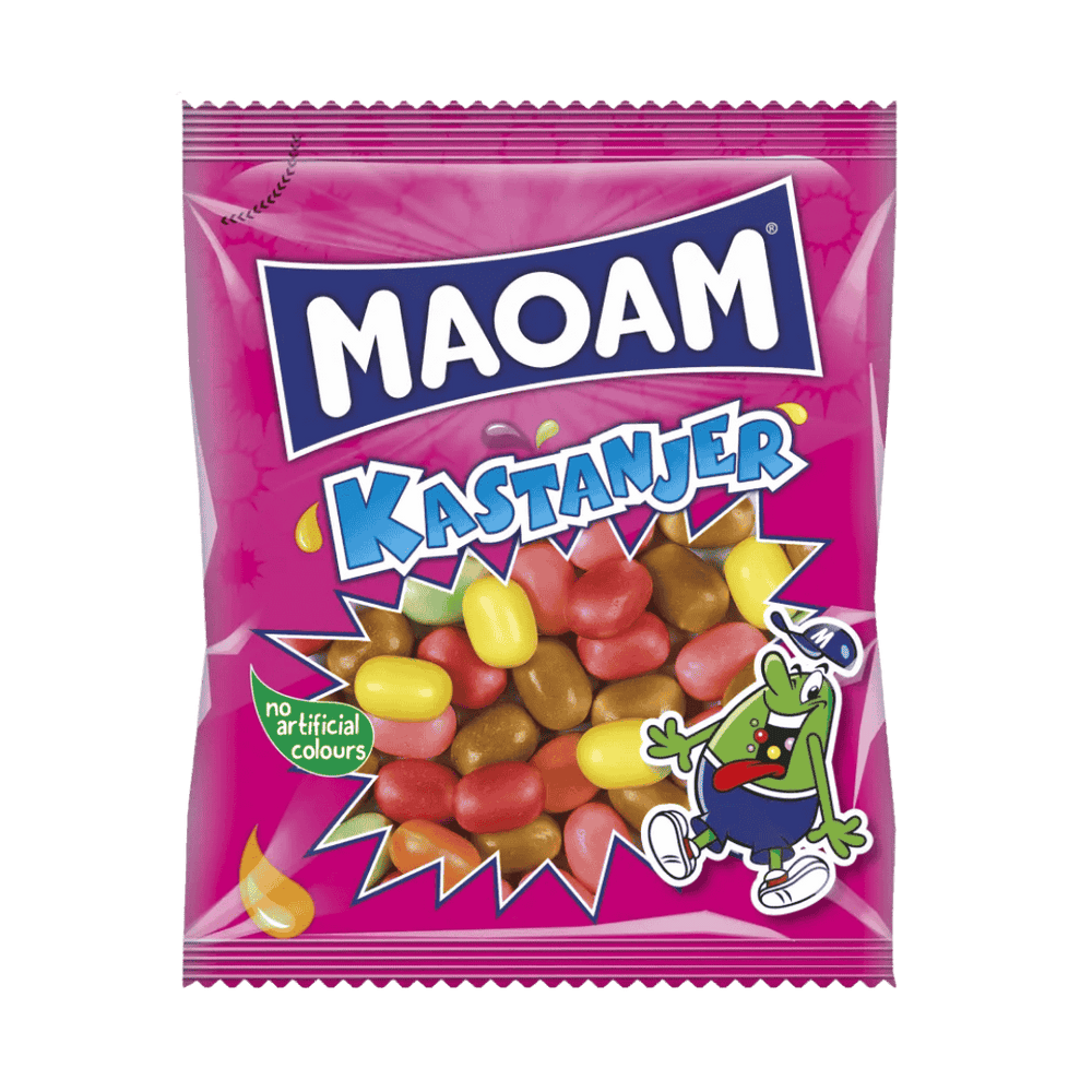 A package of MAOAM Fizzy Shell Chews candies, with the product visible through a transparent window, featuring multiple colorful candies inside.