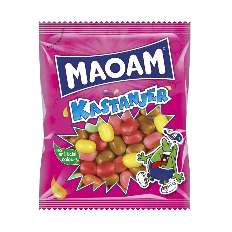 A package of MAOAM Fizzy Shell Chews candies, with the product visible through a transparent window, featuring multiple colorful candies inside.