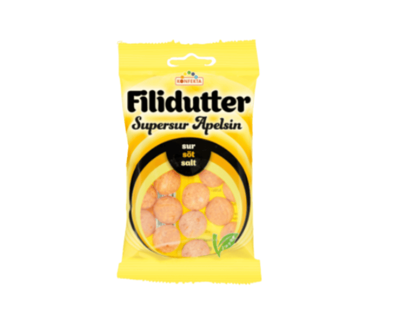 Yellow package of Filidutter Supersur Apelsin on a green background