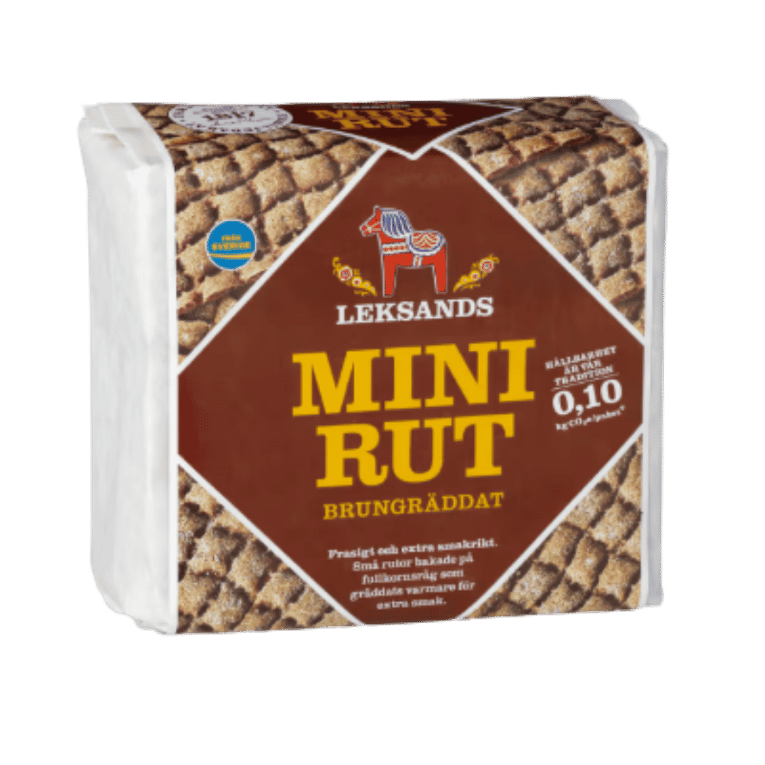 A package of Leksands Mini Rut Brunråddat, featuring brown baked crackers with a white paper border and a central dark brown label with yellow text.