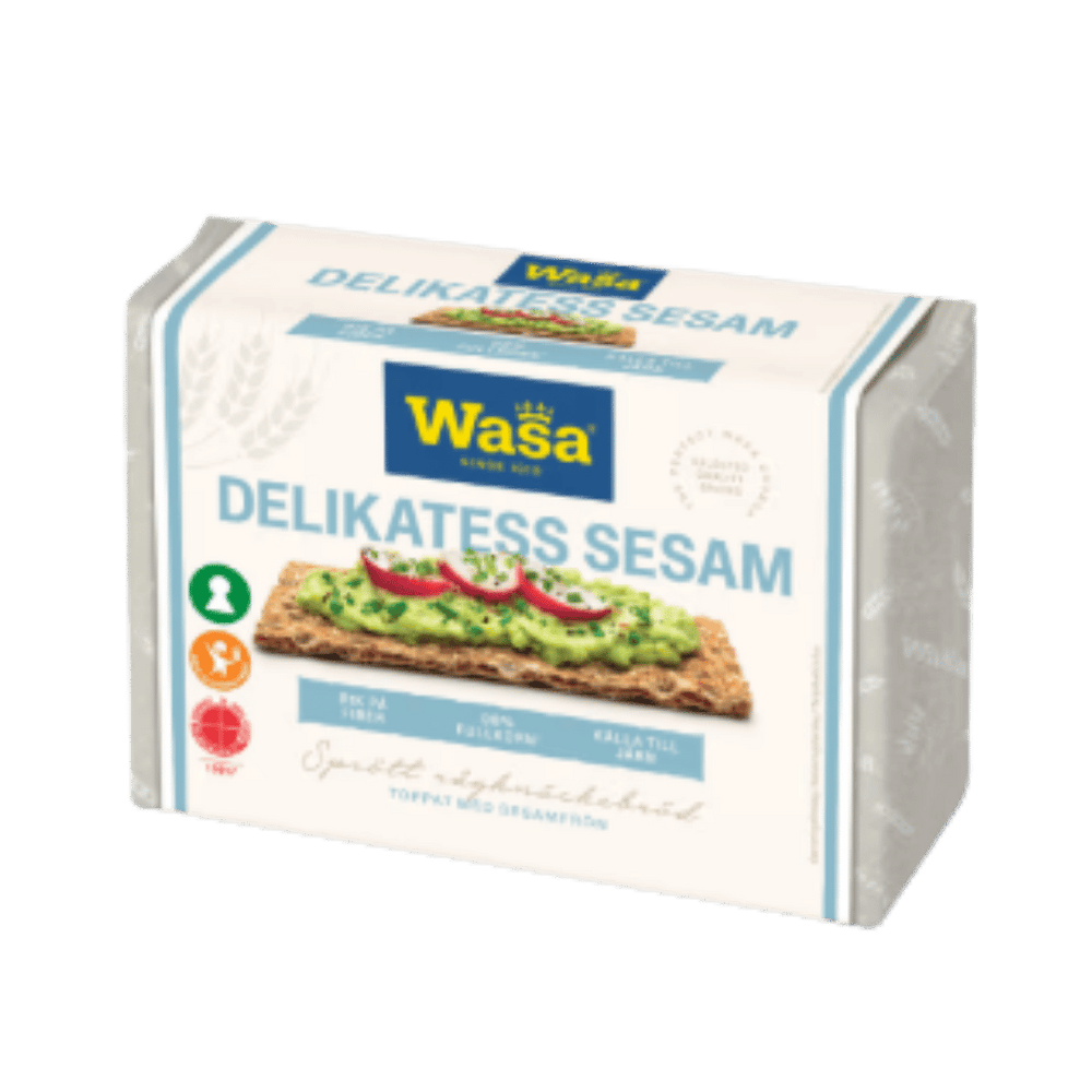 A package of Wasa Delikatess Sesam crackers, featuring a white box with blue and yellow branding and a photo of a cracker topped with avocado and red onion.