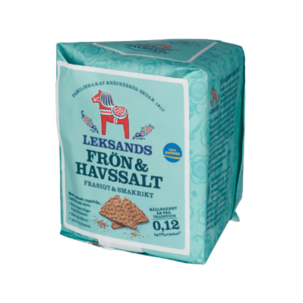 A package of Leksands Frön & Havssalt (Leksands Salt) in a light blue-green bag with a white label, featuring the classic red Dala horse logo. The background is a solid dark green.