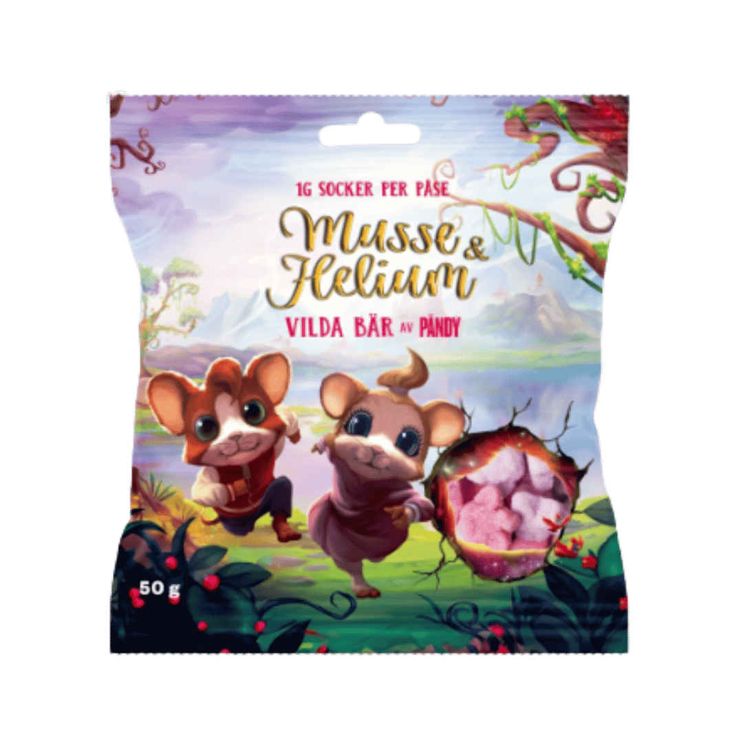 A 50g bag of 'Musse & Helium' wild berry sweets, featuring a whimsical illustration of two mice in a forest holding a berry bush, with the Swedish text '1G SOCKER PER PASE' and 'Musse & Helium'.