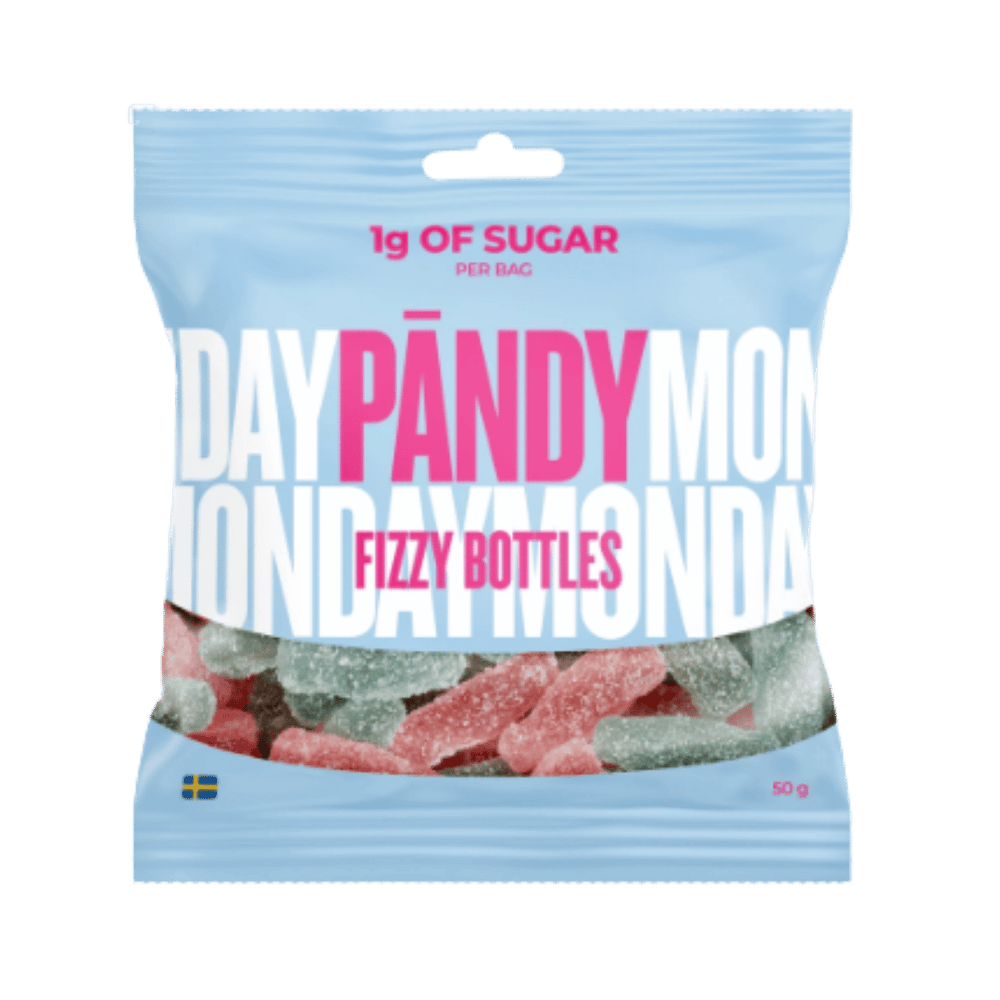A 50g bag of Pandy Monday Fizzy Bottles candy, featuring a light blue bag with bold pink and white lettering and a clear window showing the colorful gummy candies inside.
