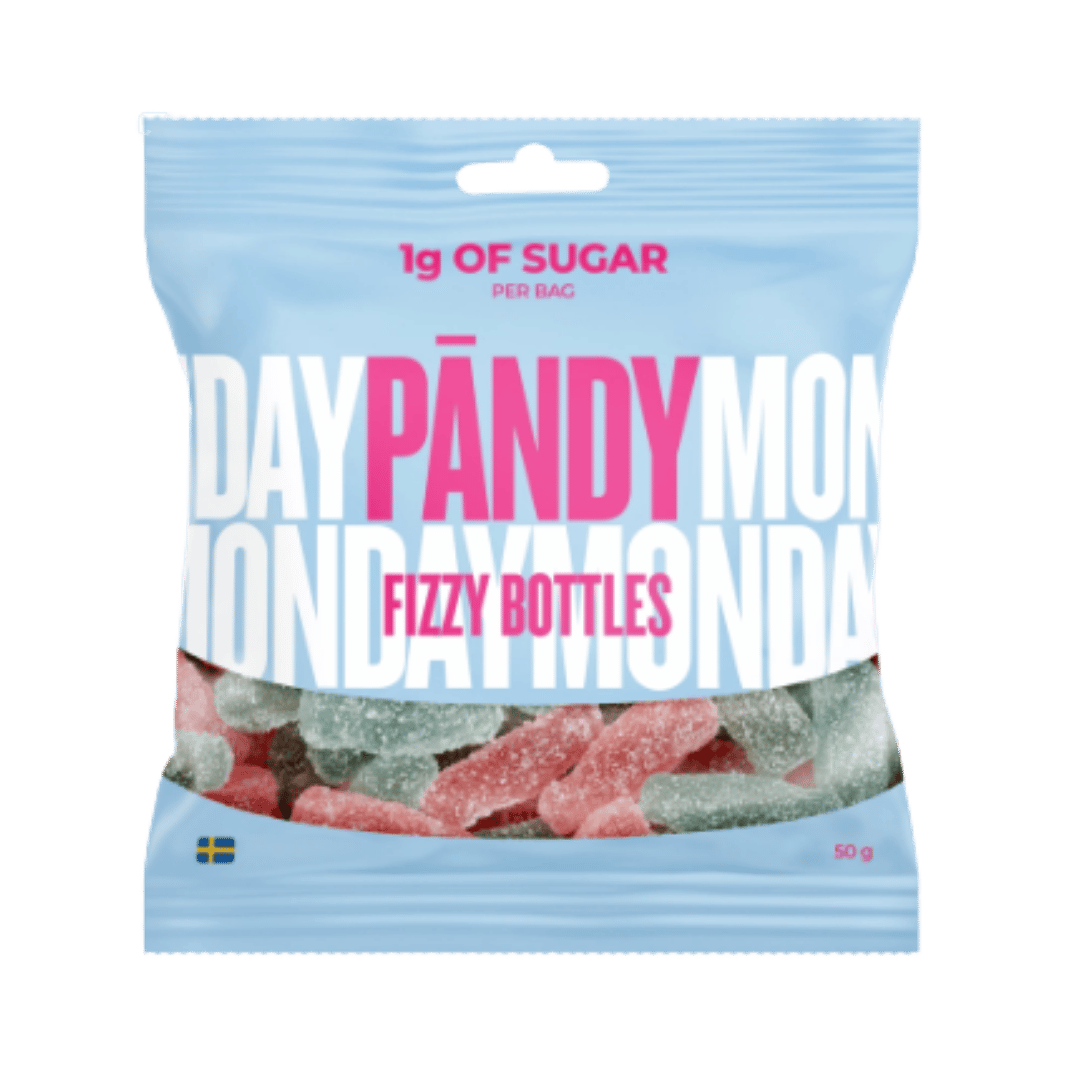 A 50g bag of Pandy Monday Fizzy Bottles candy, featuring a light blue bag with bold pink and white lettering and a clear window showing the colorful gummy candies inside.