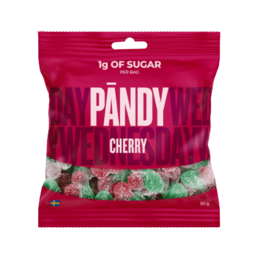 A 50g bag of Pandy Wednesday Cherry gummy candies. The packaging is a vibrant magenta pink with white text reading 'PANDY WEDNESDAY' and 'CHERRY'.