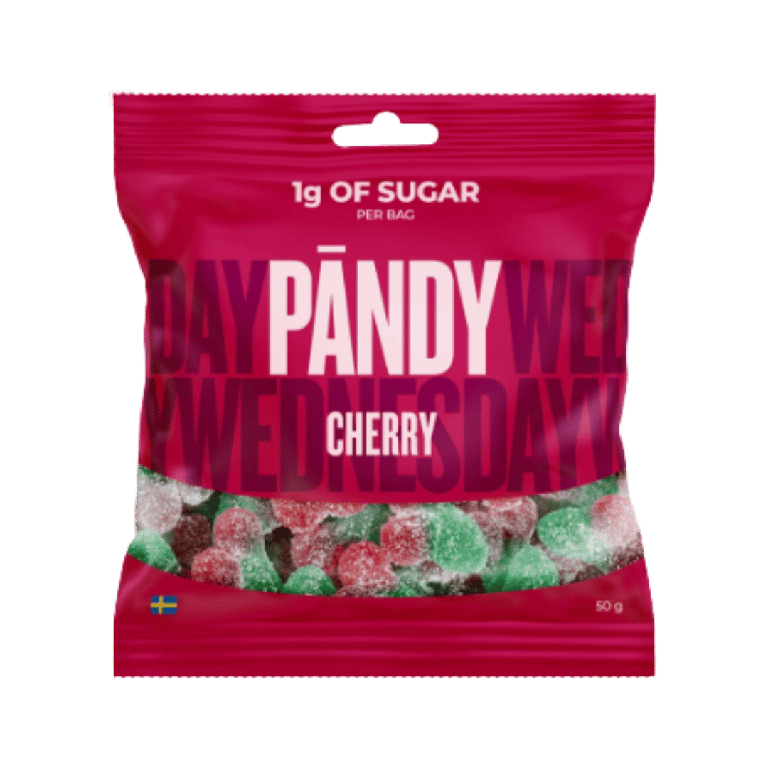 A 50g bag of Pandy Wednesday Cherry gummy candies. The packaging is a vibrant magenta pink with white text reading 'PANDY WEDNESDAY' and 'CHERRY'.