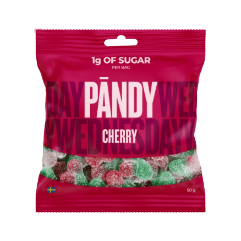 A 50g bag of Pandy Wednesday Cherry gummy candies. The packaging is a vibrant magenta pink with white text reading 'PANDY WEDNESDAY' and 'CHERRY'.
