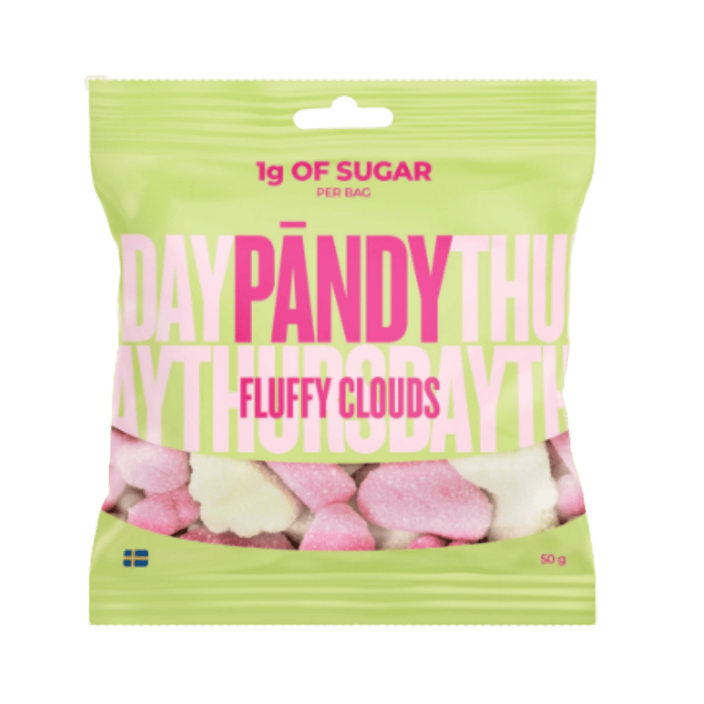 A 60g bag of Pandy Thuroday 'Fluffy Clouds' sugar-free marshmallows. The packaging is a light lime green color with pink and white lettering, and a clear window at the bottom showing the pink and white cloud-shaped marshmallows inside.