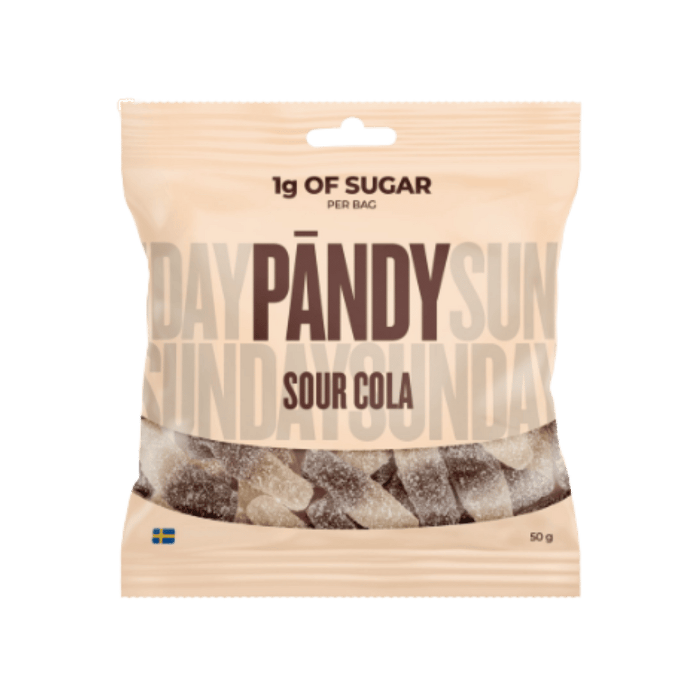 A 50g bag of Pandy Sour Cola candy, featuring a light beige packaging with a clear window showing the sour, sugar-coated cola candies inside.