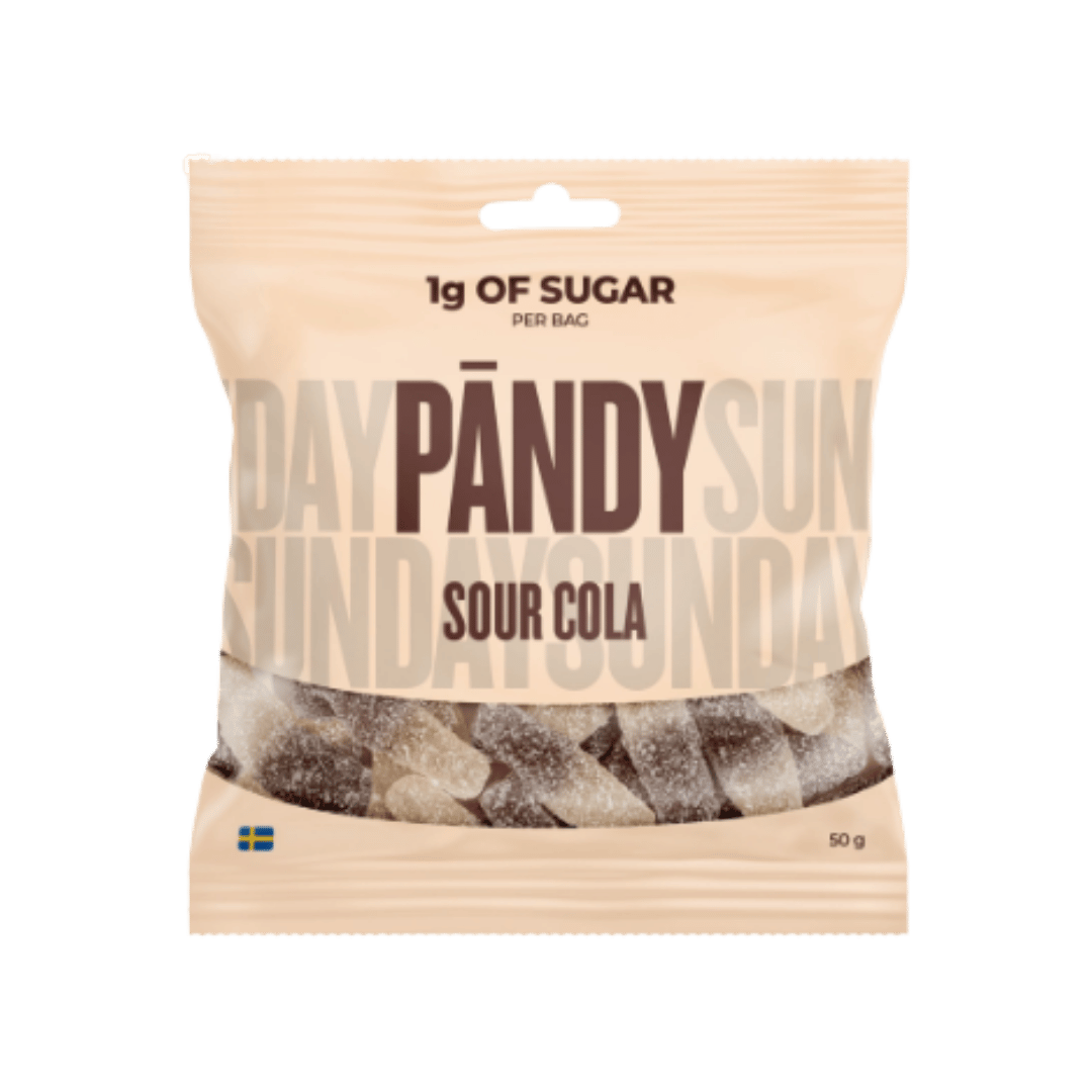 A 50g bag of Pandy Sour Cola candy, featuring a light beige packaging with a clear window showing the sour, sugar-coated cola candies inside.
