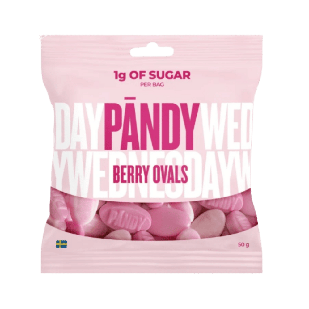 A 50g bag of Pandy Wednesday Berry Ovals candy. The packaging is light pink with bold magenta and white lettering, and a clear window at the bottom reveals the pink oval-shaped candy pieces inside.
