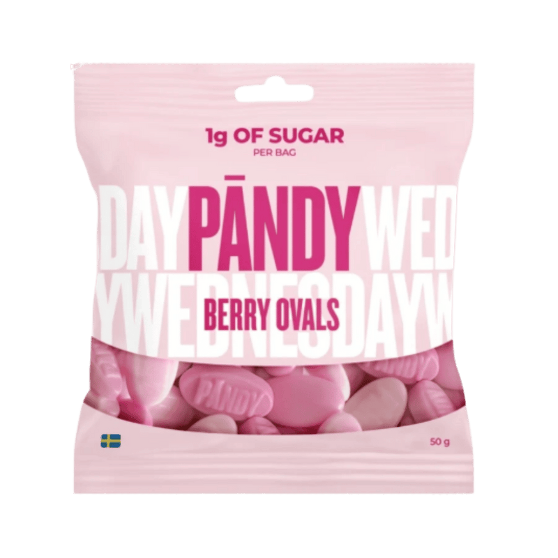 A 50g bag of Pandy Wednesday Berry Ovals candy. The packaging is light pink with bold magenta and white lettering, and a clear window at the bottom reveals the pink oval-shaped candy pieces inside.