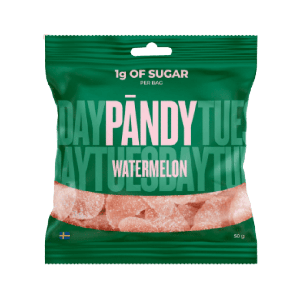 A 50g bag of Pandy Watermelon candy, featuring a dark green packaging with a clear window showing pinkish-red watermelon-flavored gummy candies inside.