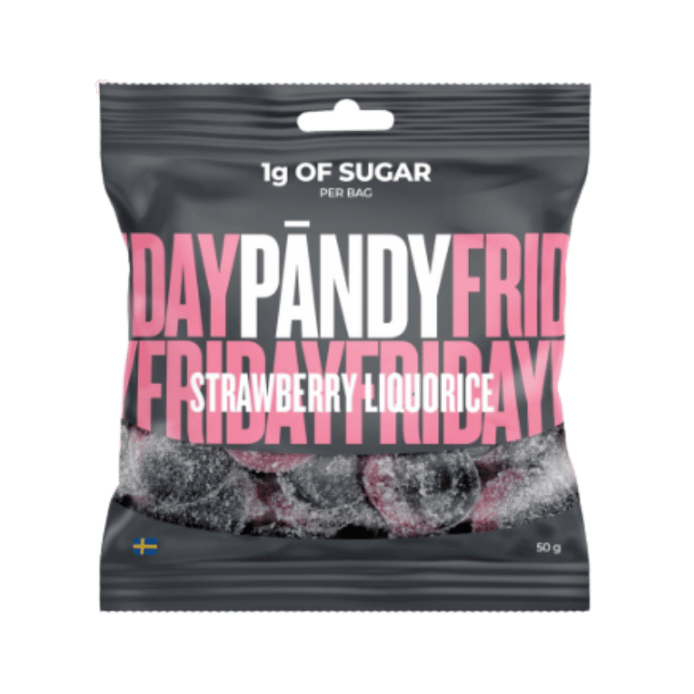 A 50g bag of Pandy Friday Strawberry Liquorice gummies. The packaging is a dark gray resealable pouch with a die-cut window showing the gummy candies inside.