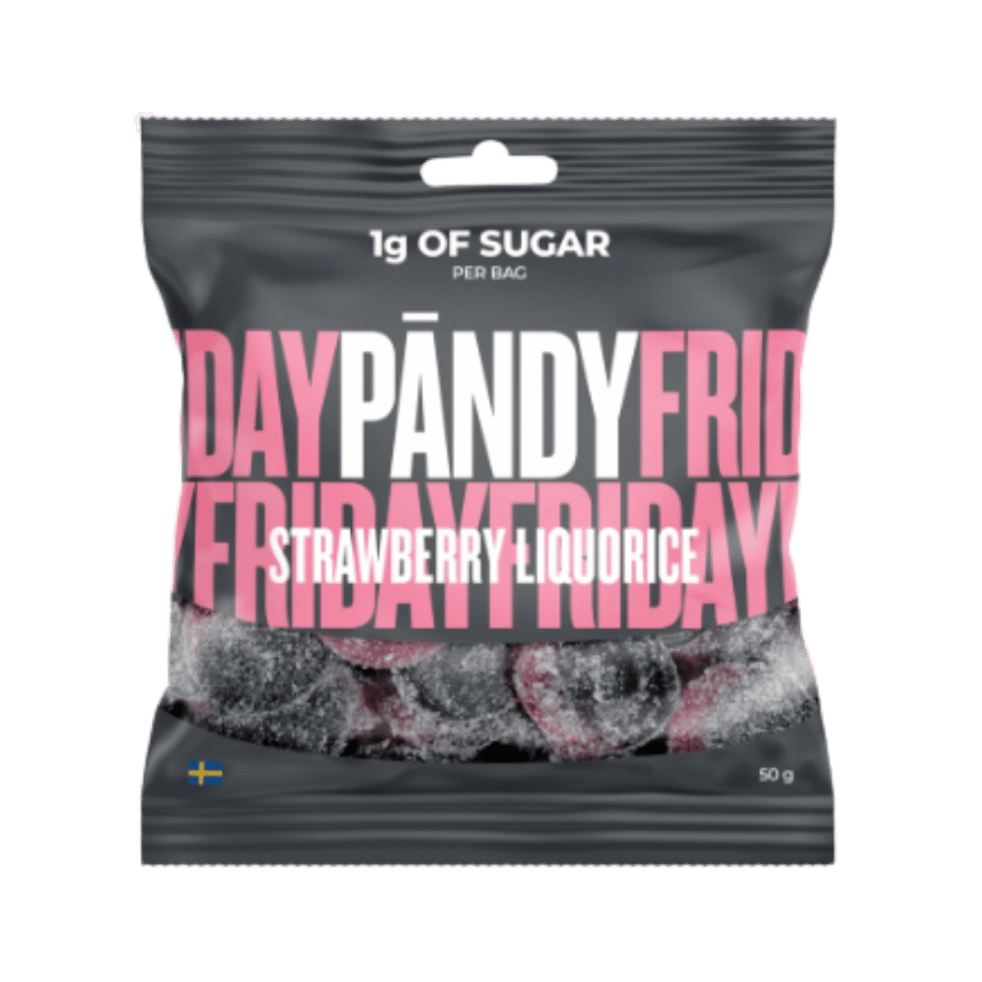 A 50g bag of Pandy Friday Strawberry Liquorice gummies. The packaging is a dark gray resealable pouch with a die-cut window showing the gummy candies inside.