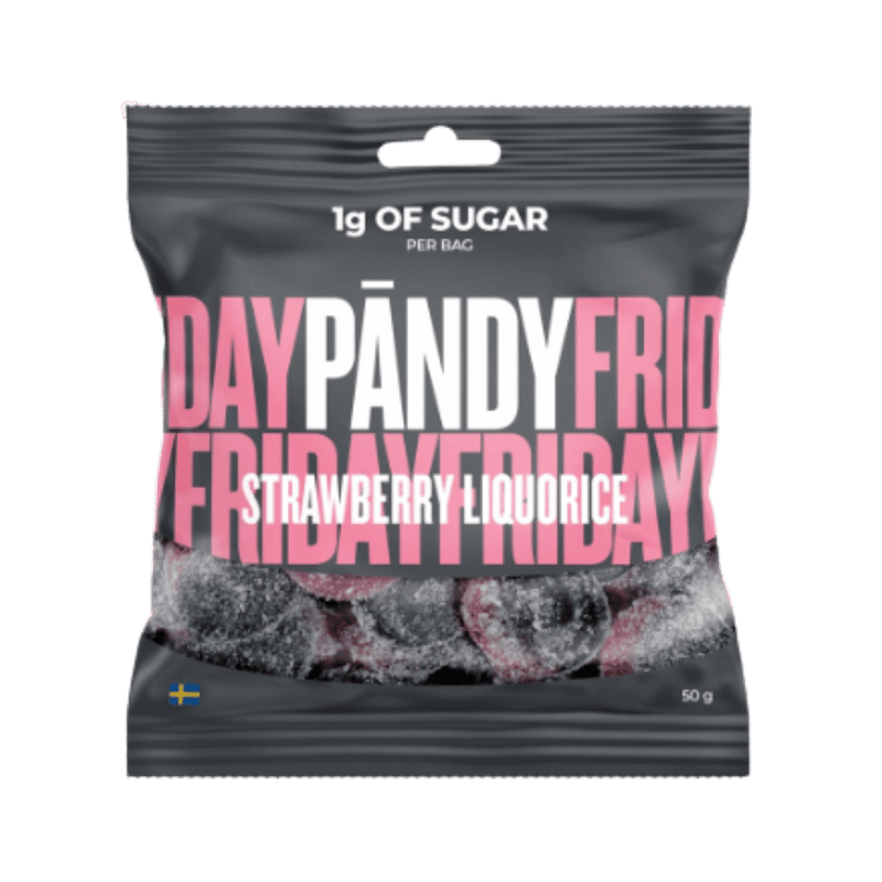 A 50g bag of Pandy Friday Strawberry Liquorice gummies. The packaging is a dark gray resealable pouch with a die-cut window showing the gummy candies inside.