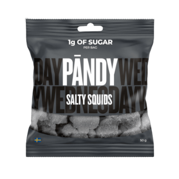 A 50g bag of Pandy Wednesday Salty Squids, featuring a dark gray and black packaging design with white text and a clear window showing the squid pieces inside.