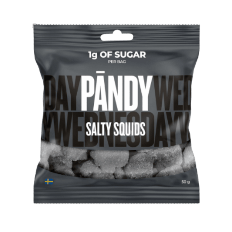 A 50g bag of Pandy Wednesday Salty Squids, featuring a dark gray and black packaging design with white text and a clear window showing the squid pieces inside.