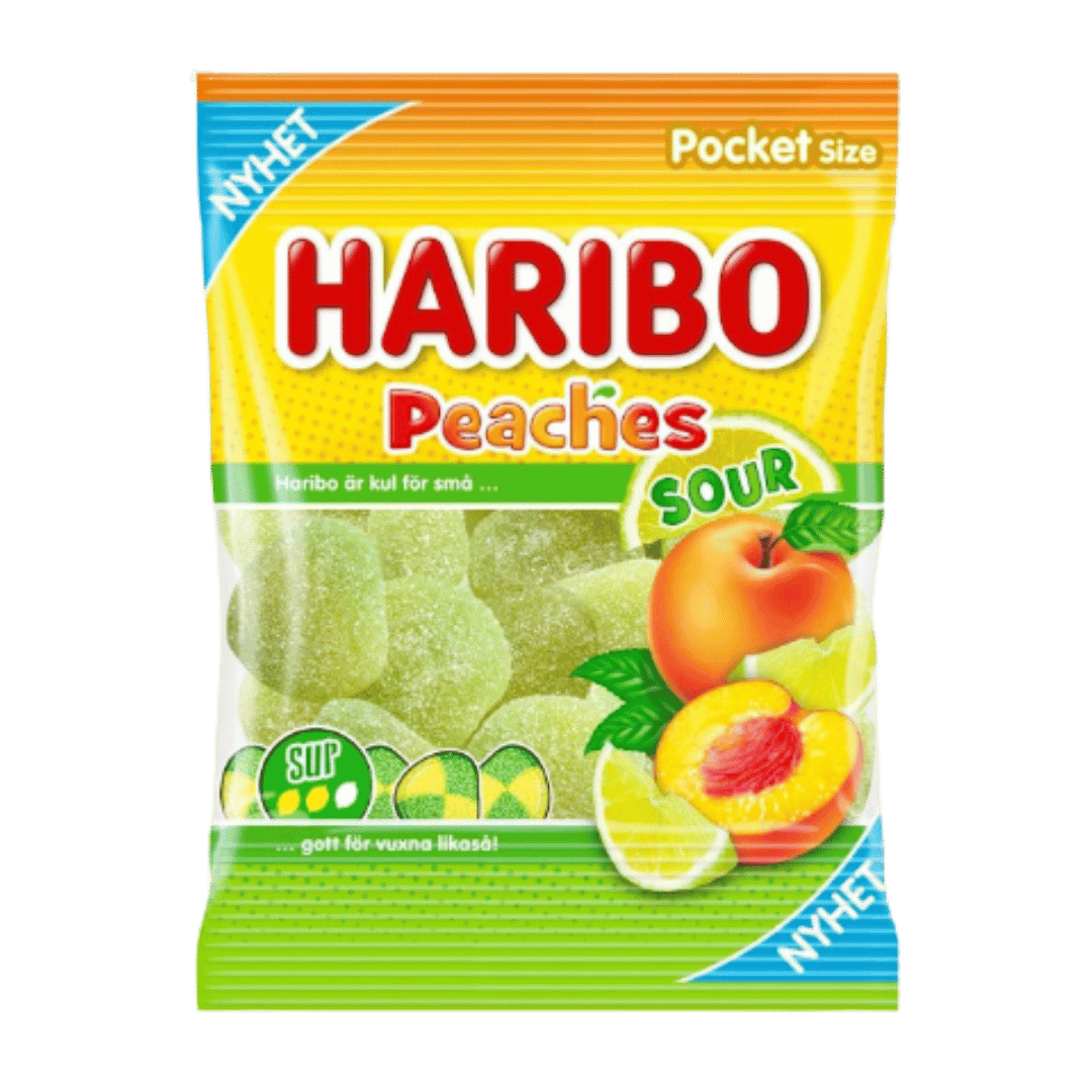 A package of Haribo Peaches Sour pocket-size gummy candies, featuring a bright yellow and green bag with illustrations of peaches, limes, and green sour gummies.
